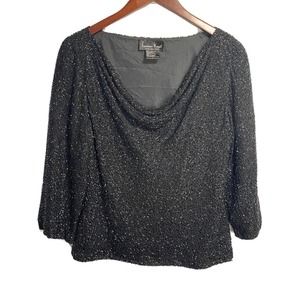 Vintage Laurence Kazar Women’s 100% Silk Sequined‎ Blouse Black Scoop Neck Large